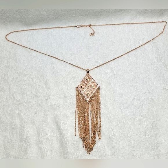 Rose Gold Tone Sliding Diamond Shaped Tassled Necklace - Picture 2 of 3
